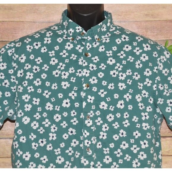 Old Navy Button Shirt Men’s L Green Floral Built In Flex Slim Fit Cotton Beach - Picture 2 of 8